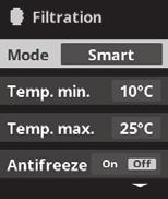 Clima OFF: Ohřev se zapne pouze v době nastaveného filtračního intervalu. Clima ON: Pokud teplota klesne pod nastavenou hodnotu, nechá solnička čerpadlo i ohřev zapnuté.