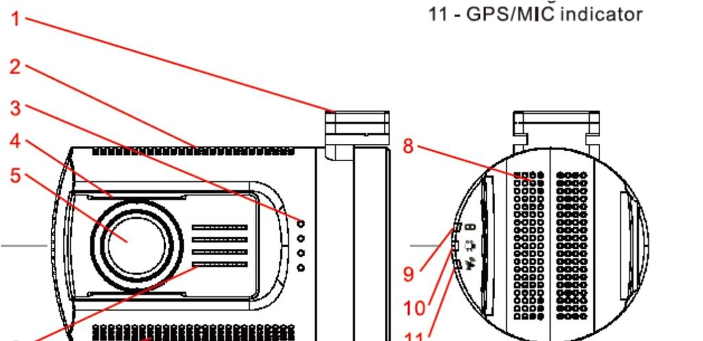 Montážní kontakty 20. Mikrofon 21. Mikro USB slot 22. AV výstup 23. Hlavní vypínač 24. Držák kamery s integrovaným GPS modulem 25. Mikro USB slot 26. Oboustranná lepící poduška 27. Kontakty 28.