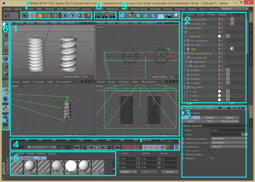 METODY 4.2 Prostředí Cinema 4D Pracovní prostředí zobrazené na obr. 4-2 je rozděleno na 9 základních pracovních oblastí, které jsou jednotlivě podrobněji popsány níže. 4.2 Obr.