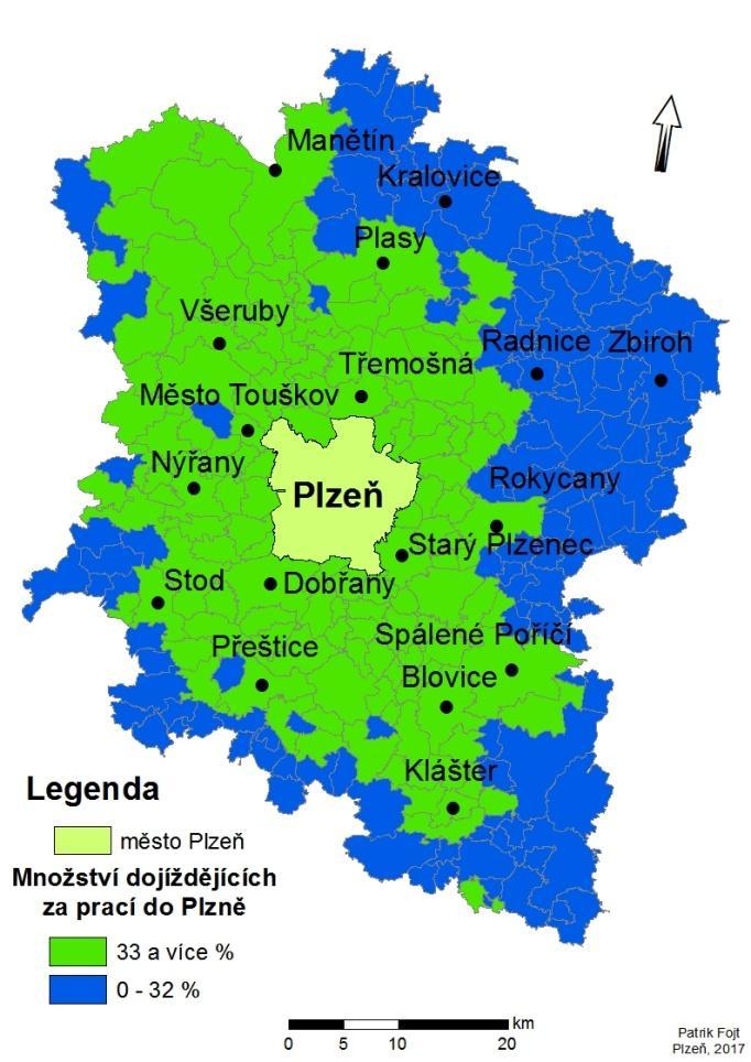 6.1 Kritérium dojížďky za zaměstnáním do Plzně Pro kritérium bude použita hodnota, která byla převzata od Jaroslava Kovandy (2006) minimálně 33 %, což tvoří přesně jednu třetina zaměstnaných