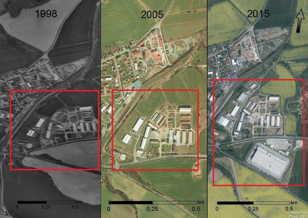 1998 kdy byla pořízena první ortofotamapa, zde bylo postaveno již několik podniků.