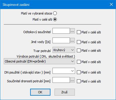 Kapitola 6 Panel Stoky skupinové zadání Tlačítko [Sz] otevírá panel pro skupinové zadání hydraulických parametrů sítě: Pro skupinové zadání je třeba provést tyto kroky: Vepsat do některého datového