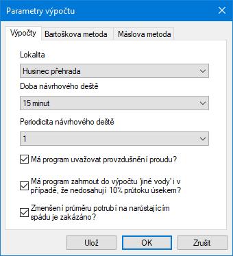 Kapitola 10 Parametry výpočtu Výpočty Lokalita, Doba návrhového deště: Parametry dešťové srážky, které se uplatní při výpočtu prostou součtovou metodou a při výpočtu Máslovou metodou bez retardace.