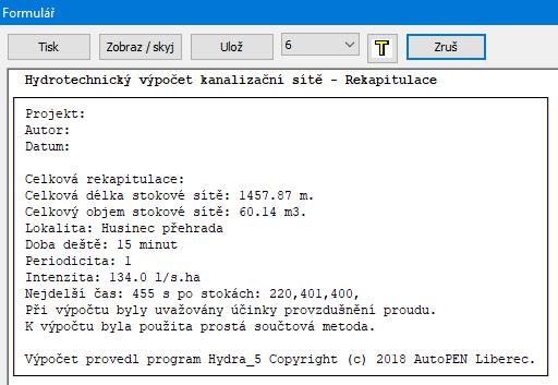 Potřeby vody: Rekapitulace: Panel Rekapitulace je navíc vybaven