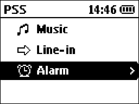 1. Chcete-li aktivovat budík, otevřete v hlavní nabídce položku Alarm (Budík). 2. Vyberte položku ON nebo OFF. 3.