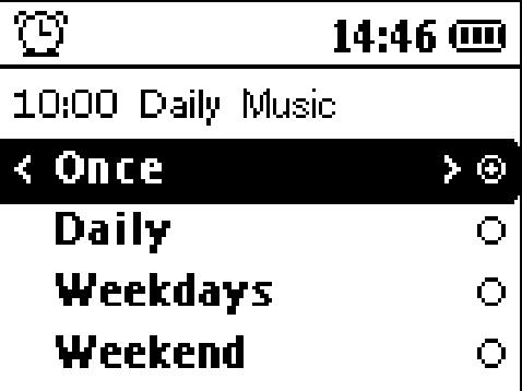 Nastavení Funkce Příklad obrazovky Time (Čas) Set Alarm time Příklad obrazovky s nastavením na 10:00 (Nastavit čas buzení) Repeat (Opakovat) Set Alarm