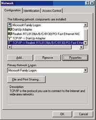 Windows 9x/ME 1. Klepnutím na Start > Control Panel (Ovládací panely) > Network (Síť) zobrazte okno Network setup (Nastavení sítě). 2.