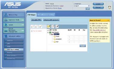Vytvoření serveru FTP Tento bezdrátový směrovač ASUS umožňuje sdílet soubory z paměťového zařízení USB počítači v místní síti LAN prostřednictvím Internetu.