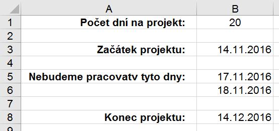WORKDAY Účel funkce WORKDAY: Vrátí datum konce projektu podle zadaného počtu dní jeho trvání.