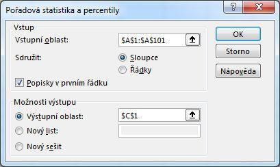 Pořadová statistika a percentily Tento nástroj zjistí relativní pořadí hodnot ve skupině dat, kterou sledujete. Ukáže, která hodnota je první, druhá atd.
