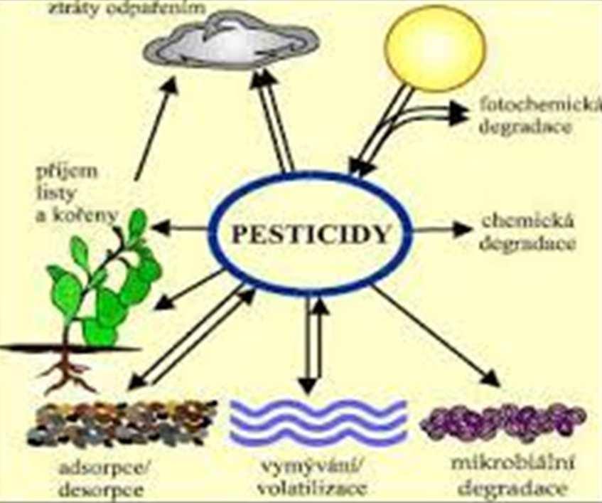 Degradace pesticidů - v abiotickém prostředí Vlivem světla a tepla - fotolýza představuje jeden z nevýznamnějších procesů vedoucích k eliminaci z prostředí, hydrolýza - obzvláště rychlá je při