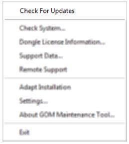 Aktualizace GOM Softwaru Po otevření GOM Maintenance Tool se objeví několik možností. Funkce Check For Updates zkontroluje, jestli jsou k dispozici aktualizace GOM Softwaru.
