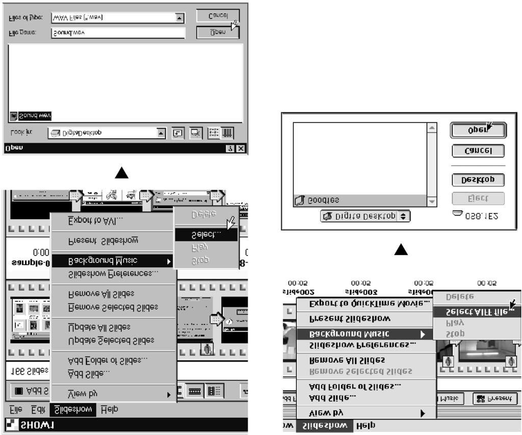 Prezentace Doplnění hudby na pozadí Funkce umožňuje specifikovat hudební doprovod, přehrávaný na pozadí ze souboru formátu WAV (AIFF u počítačů Macintosh). 1.