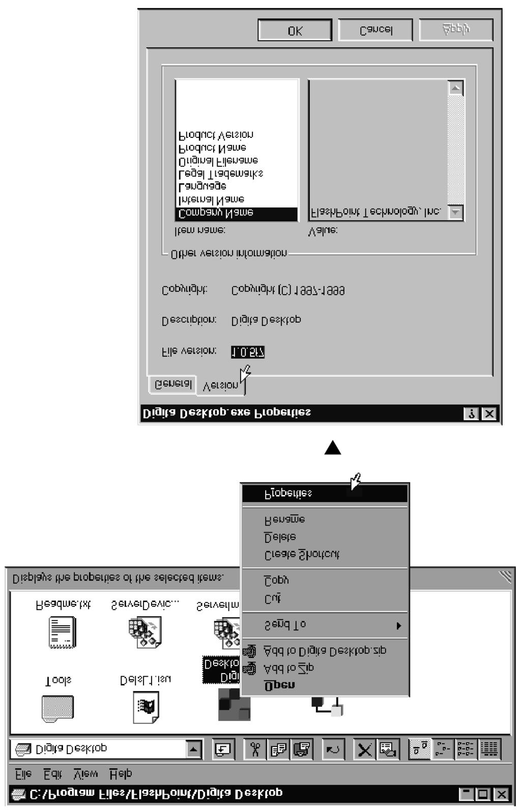 Zjištění verze aplikace Digita Desktop 4. Klepněte na Properties (Vlastnosti).