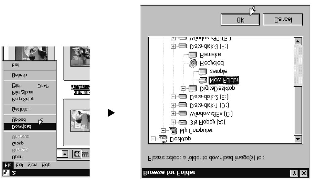 Načtení snímků z fotoaparátu Funkce načte všechny nebo jen vybrané snímky z pamě ové karty ve fotoaparátu a uloží je na pevný disk nebo jiné pamě ové médium. Windows 95/98/NT Náhledové okno 1.