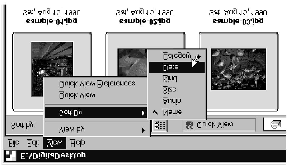 Náhledové okno Změna způsobu řazení náhledů Náhledy snímků v Náhledovém okně mohou být řazeny podle názvu souboru, data nebo velikosti. 1. Zobrazte náhledy snímků v Náhledovém okně (stránka 45 až 51).