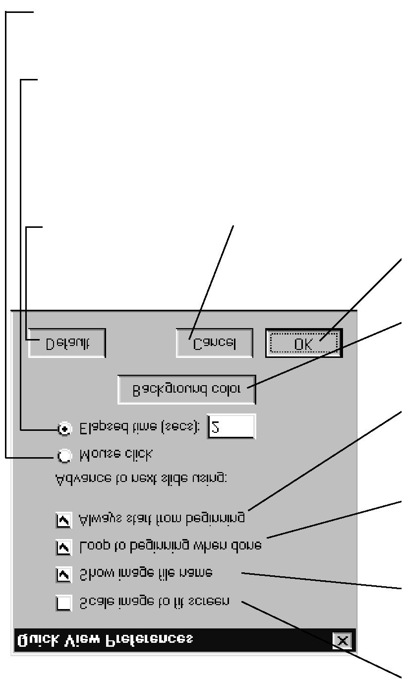 Náhledové okno Dialogové okno Quick View Preferences 1. V nabídce View (Zobrazit) klepněte na Quick View Preferences (Předvolby rychlého prohlížení). Zobrazí se dialog Quick View Preferences.