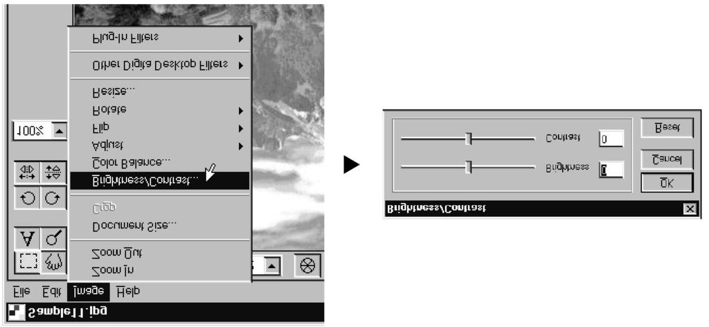 Editační okno Úprava jasu a kontrastu Funkce umožňuje upravit jas nebo kontrast obrazu v Editačním okně. 1. V nabídce Image (Obraz) zvolte příkaz Brightness/Contrast (Jas/Kontrast).