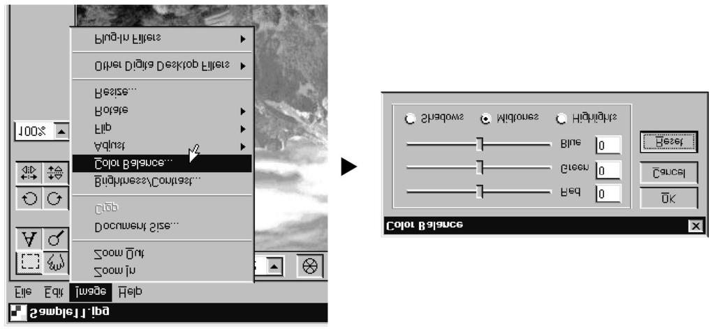 Editační okno Úprava barevného podání Funkce umožňuje upravit vyvážení barev v obrazu v Editačním okně. 1. V nabídce Image (Obraz) zvolte příkaz Color Balance (Vyvážení barev).