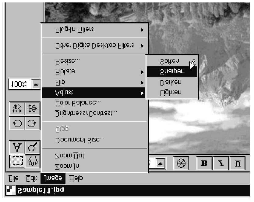 Vyostřit/Zjemnit Editační okno V nabídce Image (Obraz) ukažte na položku Adjust (Upravit) a potom podle potřeby klepněte na příkaz Sharpen (Vyostřit) nebo Soften (Zjemnit).