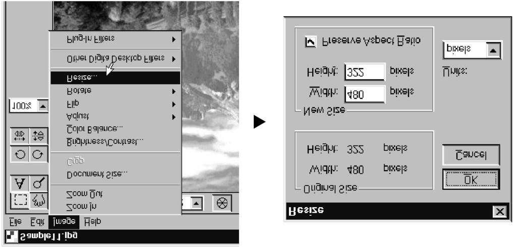 Editační okno Změna velikosti snímku Funkce slouží ke změně velikosti snímku. 1. V nabídce Image (Obraz) zvolte příkaz Resize (Změnit velikost). Zobrazí se dialogové okno Resize. 2.