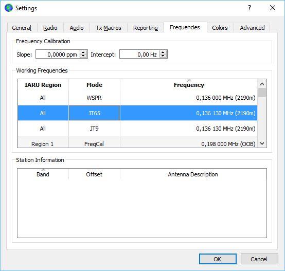 5 Okno Frequencies Toto jsou kmitočty segmentů jednotlivých WSJT módů rozdělené podle regionů IARU a podle pásem. Při instalaci nové verze nebo upgrade se může seznam vymazat.