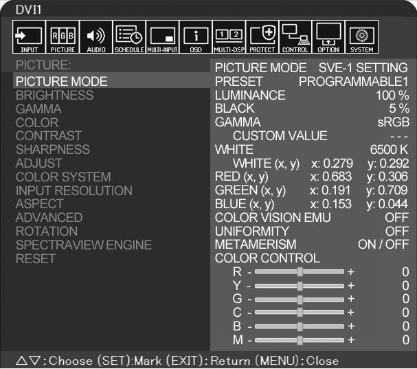 Režim obrazu Nabídka režimu obrazů se může lišit v závislosti na nastavení SPECTRAVIEW ENGINE (Modul SPECTRAVIEW) v nabídce OSD PICTURE (Obraz OSD, viz strana 34).