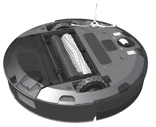 CS Konstrukce irobot Roomba Pohled zespodu Modul pravého kola AeroForce Sběrné kartáče Rotující boční kartáček Kontaktní místo základny Home Base Odnímatelné kolečko