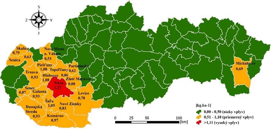 Kvantifikácia intenzity vplyvu použitia POR bola založená na odhade rizika: Nitra, Piešťany, Hlohovec, Šaľa (dlhodobo najvyššia spotreba 1,05 1,27 kg.