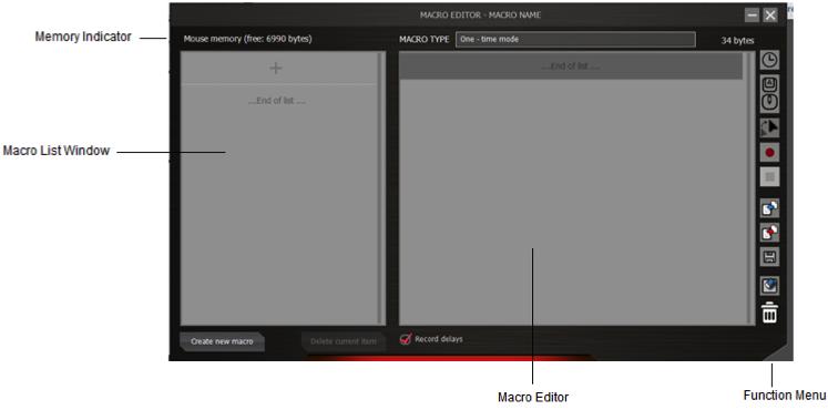 Okno Macro Editor Editor maker má čtyři prvky. Indikátor paměti Okno Macro List Okno Macro Editor Nabídka funkcí Okno Macro List Okno Macro List obsahuje maximálně 64 řádků.