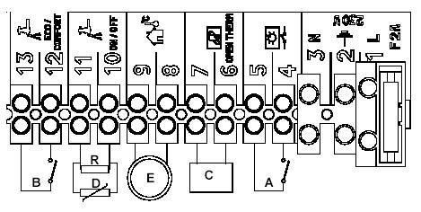 2.2 Hydraulické schéma kotle ECONCEPT 15-25-35A ohřev TUV A Kotel Econcept 15-25-35A B Ohřívač vody C Expanzní nádoba D Vstup studené vody E Výstup TUV Pro připojení zásobníku TUV ke kotli ECONCEPT