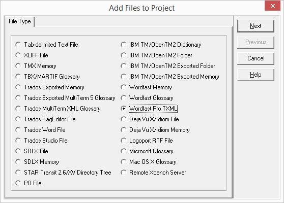 sdlxliff) soubory, které jsou v adresáři cílového jazyka v adresáři projektu studia 3. Wordfast zvolte Wordfast Pro Txml (.txml) 4.