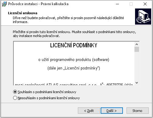 Licenční smlouva V následujícím kroku jste Průvodcem instalací vyzváni k seznámení se s podmínkami Licenčního ujednání a k potvrzení souhlasu s jeho obsahem.