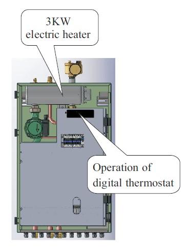 6 kw Elektrokotel Bivalentní nebo zpětný režim: 6 kw elektrokotel Provoz digitálního termostatu Sériově dodávaný elektrokotel je dvoustupňový ohřívač průtoku o výkonu 6 kw.