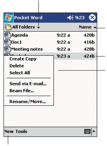 5 Správa pfiidruïen ch programû Microsoft Pocket PC 2003 Pocket Word POZNÁMKA: Pokud necháte vytvofiit nov dokument, budete dotázání na uloïení právû rozpracovaného dokumentu.