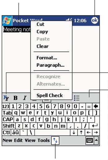 5 Správa pfiidruïen ch programû Microsoft Pocket PC 2003 Pocket Word ReÏim psaní textu Text do dokumentu zadávejte pomocí vstupního panelu.