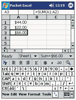 5 Správa pfiidruïen ch programû Microsoft Pocket PC 2003 Pocket Excel Klepnûte na Zobrazit a potom na Nástrojová li ta. Zde se zobrazuje obsahu bunûk pfii jejich zápisu. Tlaãítko formátování.