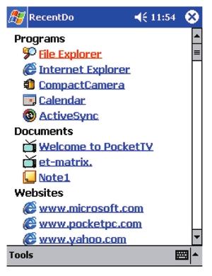 6 Práce s dal ími programy Zálohování s Backup/Restore PoloÏky v oknû RecentDo jsou rozdûleny do tfií kategorií: Programy, Dokumenty a Internetové stránky.