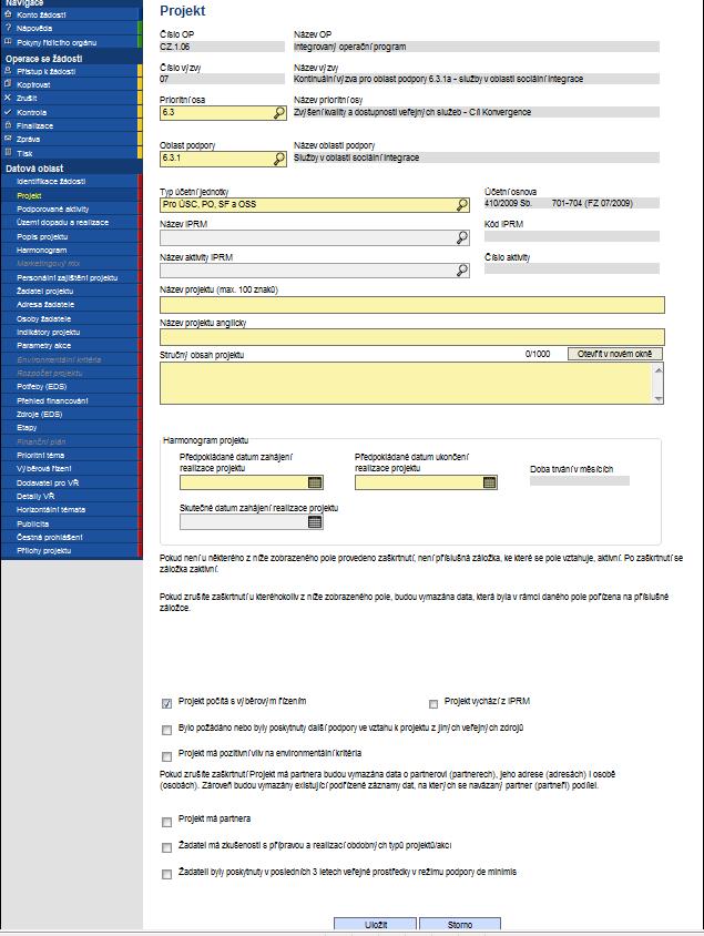 Projekt Do záložky Projekt se doplňují informace o projektu, ke