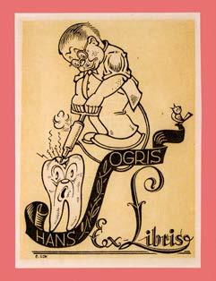 .. Létající zuby vytvářejí svatozář kolem hlavy postavy ztvárněné ve tvaru zubu... Exlibris pro dr. Inge Nechwatalovou zhotovené Alexandrem Sawitschem r. 1995. Lept, 12 x 17 cm. Když se na přelomu 19.