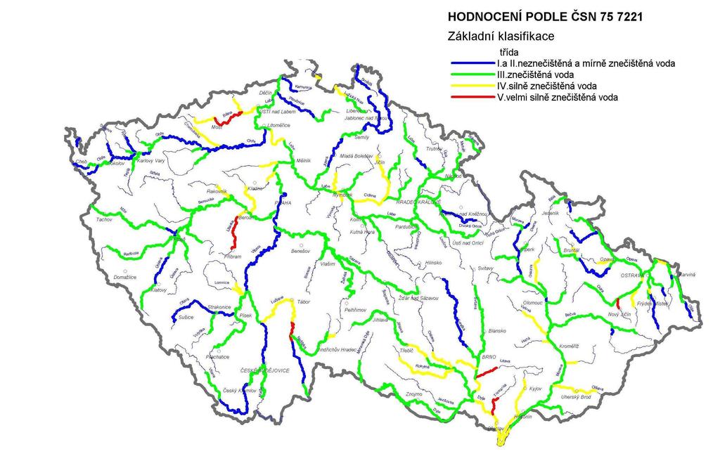 Komplexně lze v dlouhodobém vývoji pozitivně hodnotit u většiny významných vodních toků posun z kategorií IV. až V. třídy jakosti z počátku 90. let do II. až III. kategorie v posledních letech. Obr.