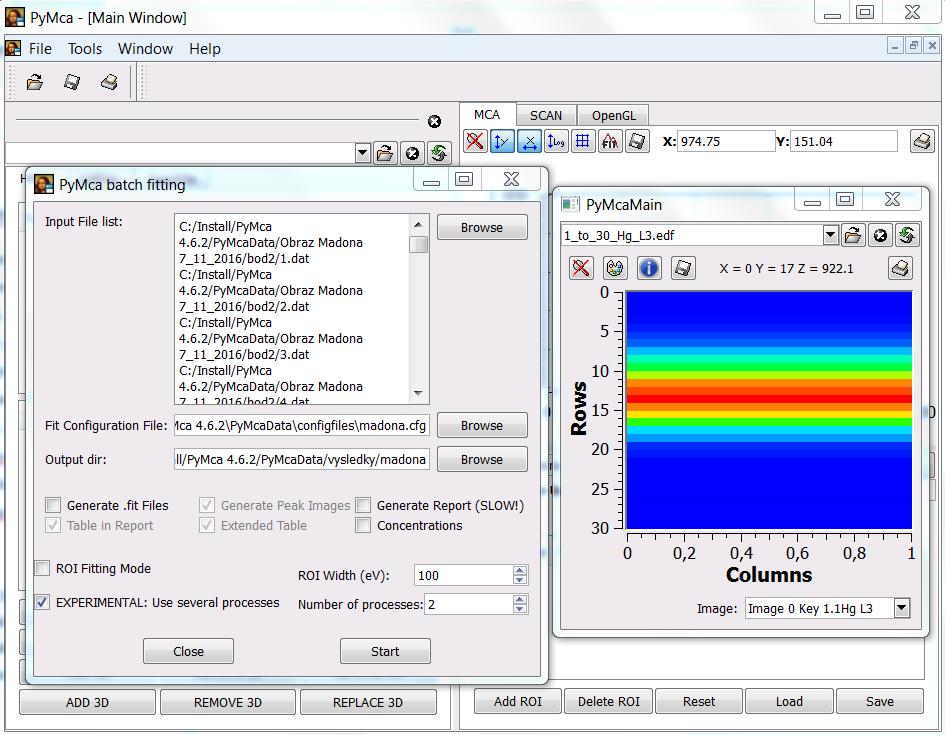 fitování spekter se zahájí po kliknutí na Start. Po ukončení procesu se objeví nové okno PyMCAMain s výsledkem (viz pravé podokno na obr. 22).