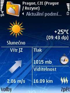Počasí: Aktuální podmínky Jedná se o podrobnou zprávu o aktuálních povětrnostních podmínkách v určitém městě. Zvolte Volby > Zobrazit > Aktuální podmínky.