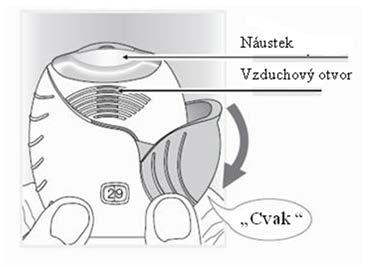 Neblokujte vzduchové otvory prsty. Jednou se dlouze, rovnoměrně a zhluboka nadechněte. Zadržte dech po co nejdelší dobu (alespoň 3 4 sekundy). Vyjměte inhalátor z úst.