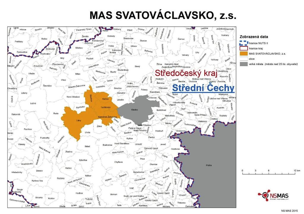 VYMEZENÍ ÚZEMÍ MAS Svatováclavsko, z.s. se rozkládá na území o celkové výměře 71,84 km 2, k 1. lednu 2015 zde žilo 13 085 obyvatel. Do územní působnosti Místní akční skupiny Svatováclavsko, z.s., náleží 5 obcí Středočeského kraje/nuts II Střední Čechy příslušejících do správního obvodu statutárního města s rozšířenou působností Kladno.
