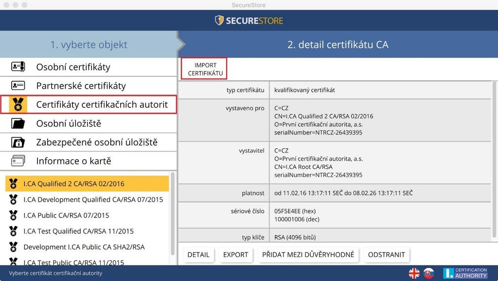 Obr. 17 - Import certifikátu certifikační autority V případě, kdy nastane problém s důvěryhodností kořenových certifikátů, lze certifikáty ručně přidat mezi důvěryhodné pomocí volby