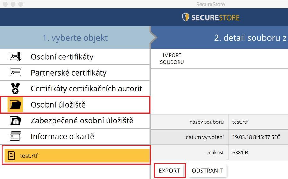 Obr. 21 - Export souboru z osobního úložiště Funkci uživatel nalezne v objektu Osobní úložiště, po výběru souboru pro export v Detailu souboru z osobního úložiště provede tlačítkem Export.
