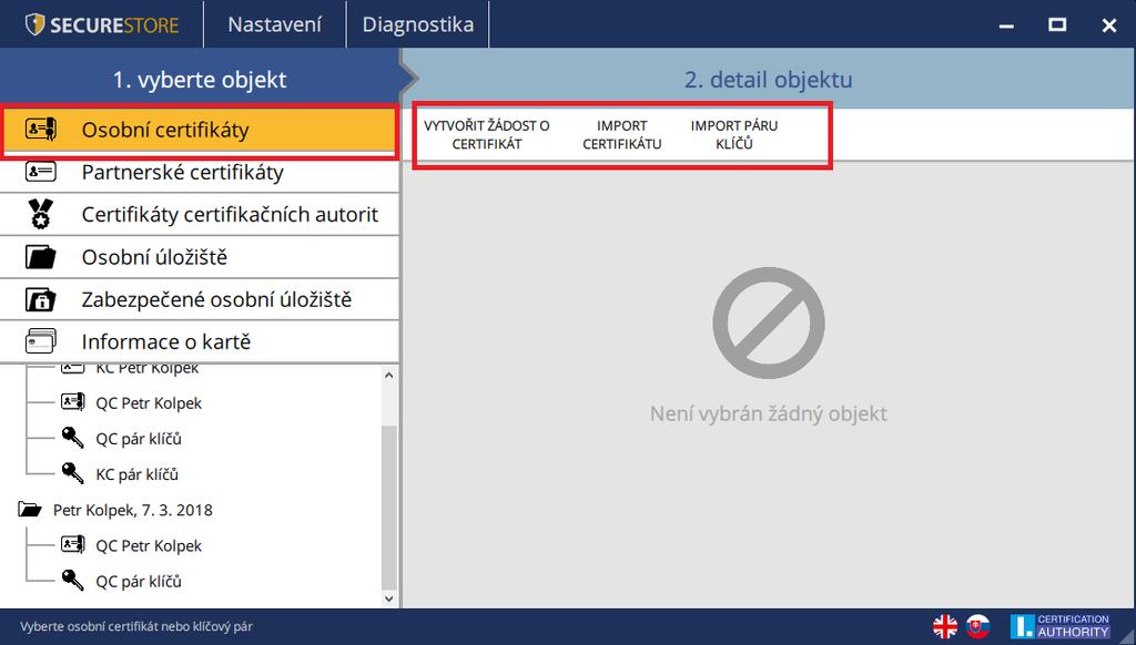 Nástrojová pro složku Osobní certifikáty