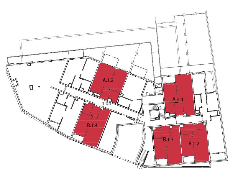 4.2 Kontrola projektové dokumentace navržených geometrických rozměrů Následující schéma označuje 1.NP, kde se nachází bytové jednotky B.1.2, B.1.3, B.1.4, studia A.1.2 a A.1.4, společná domovní komunikace 1.