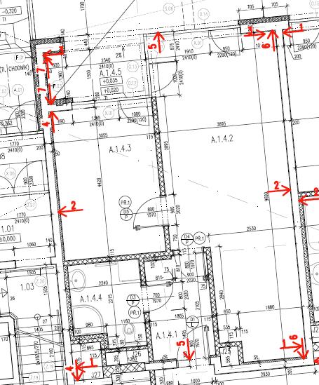 Posouzení vzdálenosti protilehlých stěn statického celku A.1.4 Na následujícím schématu 23 je vyobrazeno studio A.1.4, jehož hranice tvoří 4 nosné železobetonové stěny, které jsou podrobeny kontrole vzdálenosti protilehlých hrubých konstrukcí.